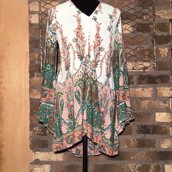 Umgee tunic blouse bohemian paisley green maroon blue tan white S - Picture 3 of 7